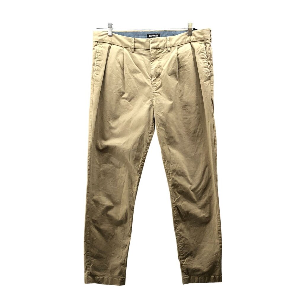Express Athletic Slim Chino Pants Mens 36x30 (36x32) Pleated Front Beige Stretch